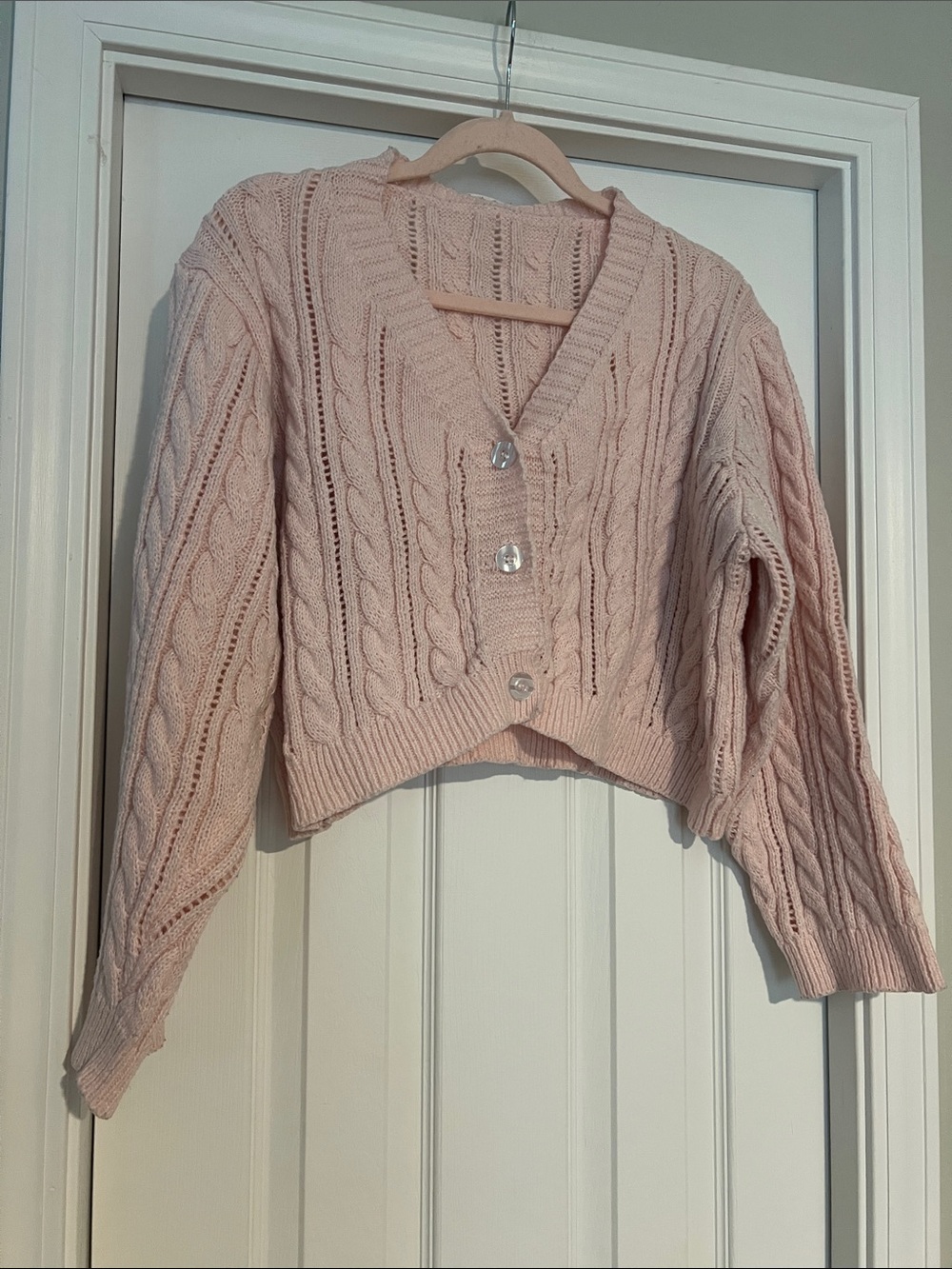 ROMWE Blush Pink Cropped Cable Knit V-Neck Cardigan